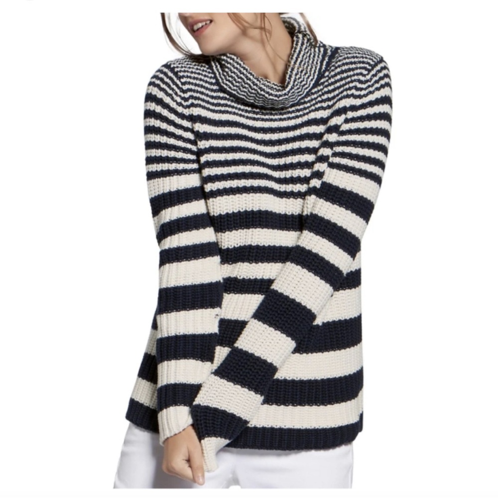 Basler Navy and Cream Striped Cowl Neck Sweater